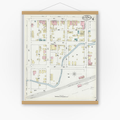 Old map wall art mockup — magnetic wood frame on white wall — Sanborn Fire Insurance Map from Beaver Falls, Beaver County, Pennsylvania (1891), Sheet #0004