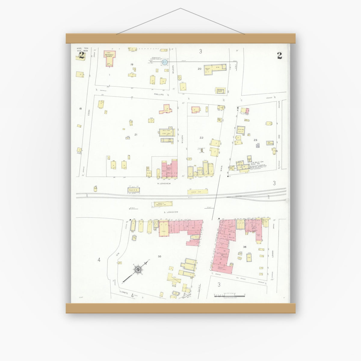 Old map wall art mockup — magnetic wood frame on white wall — Sanborn Fire Insurance Map from Arp, Smith County, Texas (1939), Sheet #0002