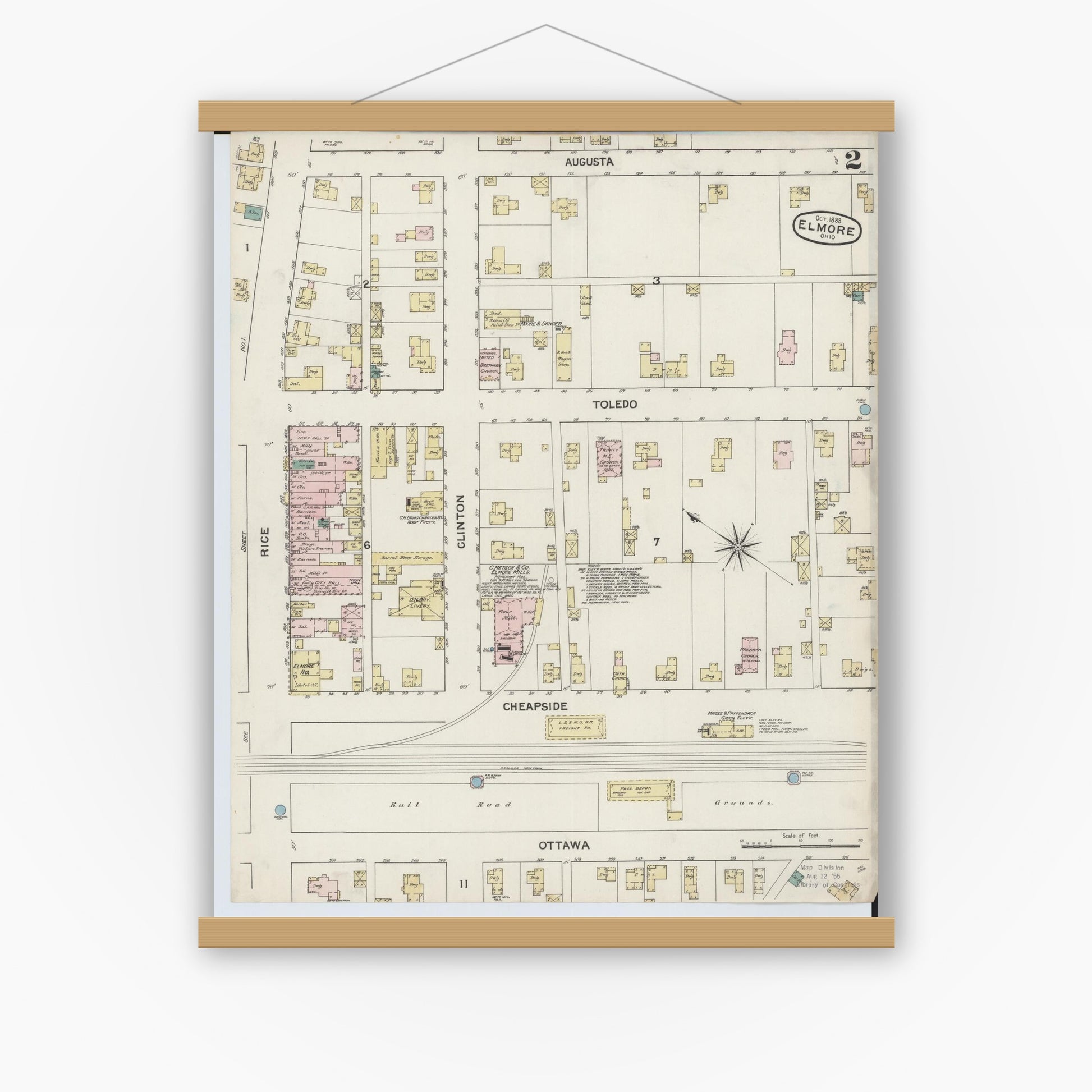 Old map wall art mockup — magnetic wood frame on white wall — Sanborn Fire Insurance Map from Elmore, Ottawa County, Ohio (1888), Sheet #0002