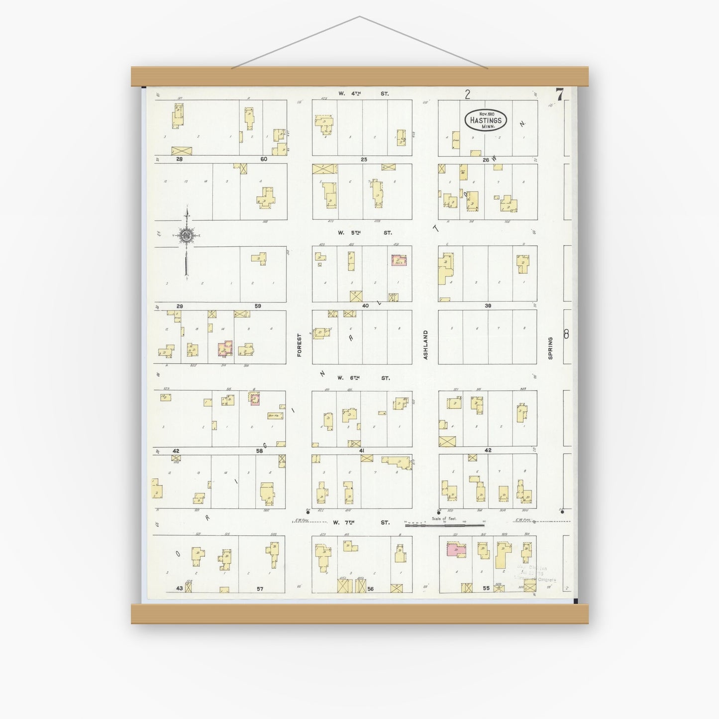 Old map wall art mockup — magnetic wood frame on white wall — Sanborn Fire Insurance Map from Hastings, Dakota County, Minnesota (1910), Sheet #0007