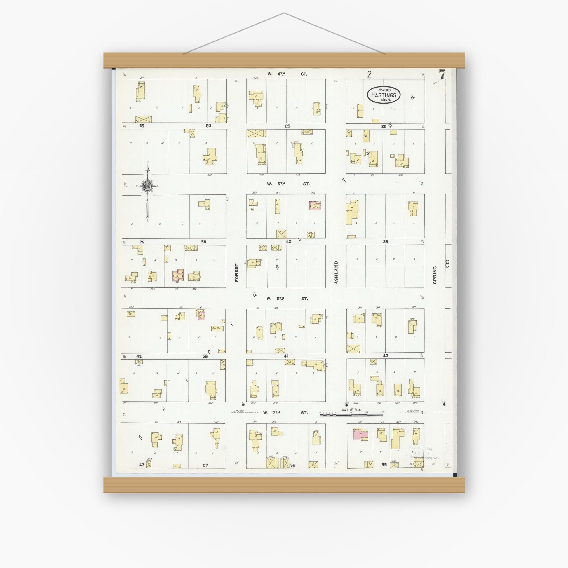 Old map wall art mockup — magnetic wood frame on white wall — Sanborn Fire Insurance Map from Hastings, Dakota County, Minnesota (1910), Sheet #0007