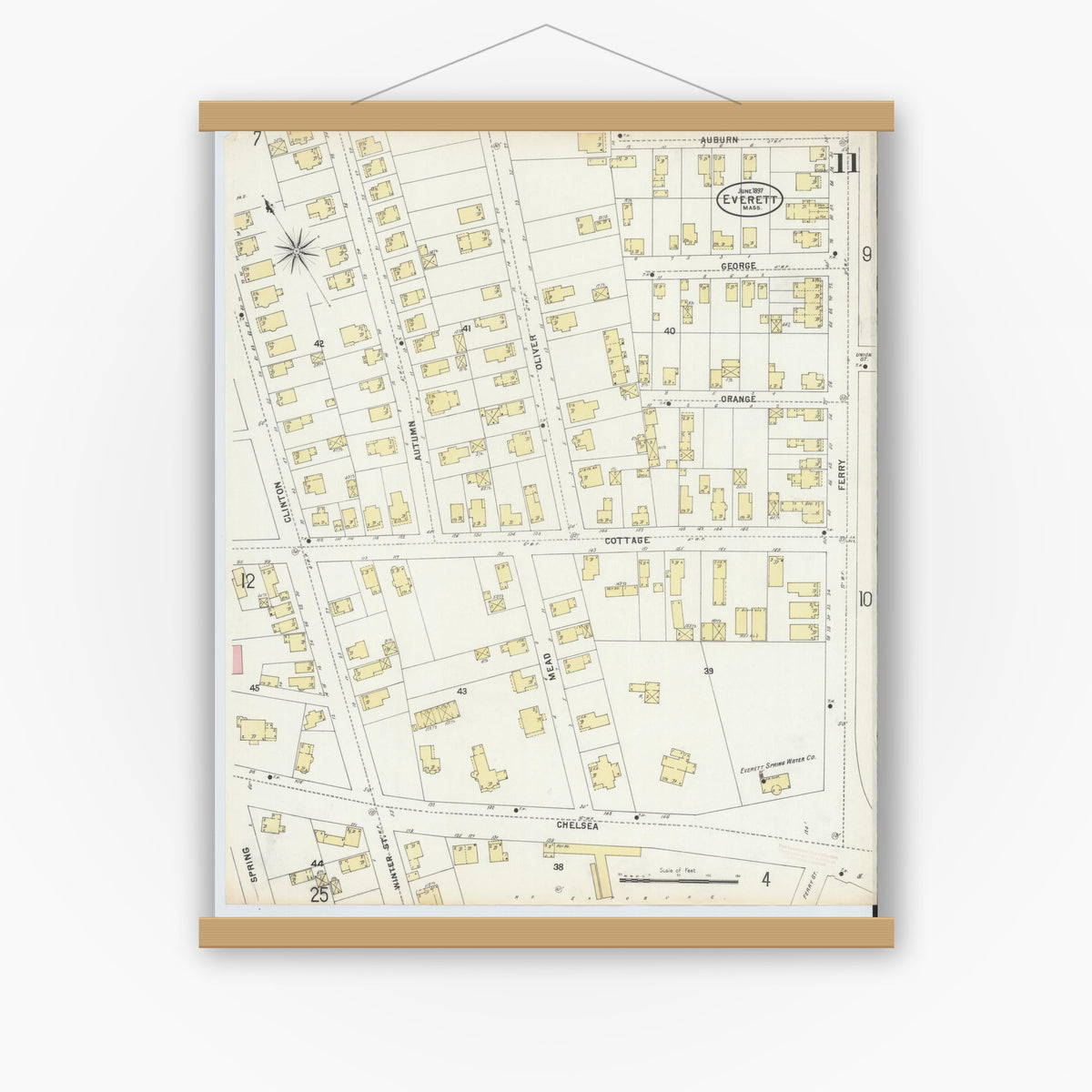 Old map wall art mockup — magnetic wood frame on white wall — Sanborn Fire Insurance Map from Everett, Middlesex County, Massachusetts (1897), Sheet #0011