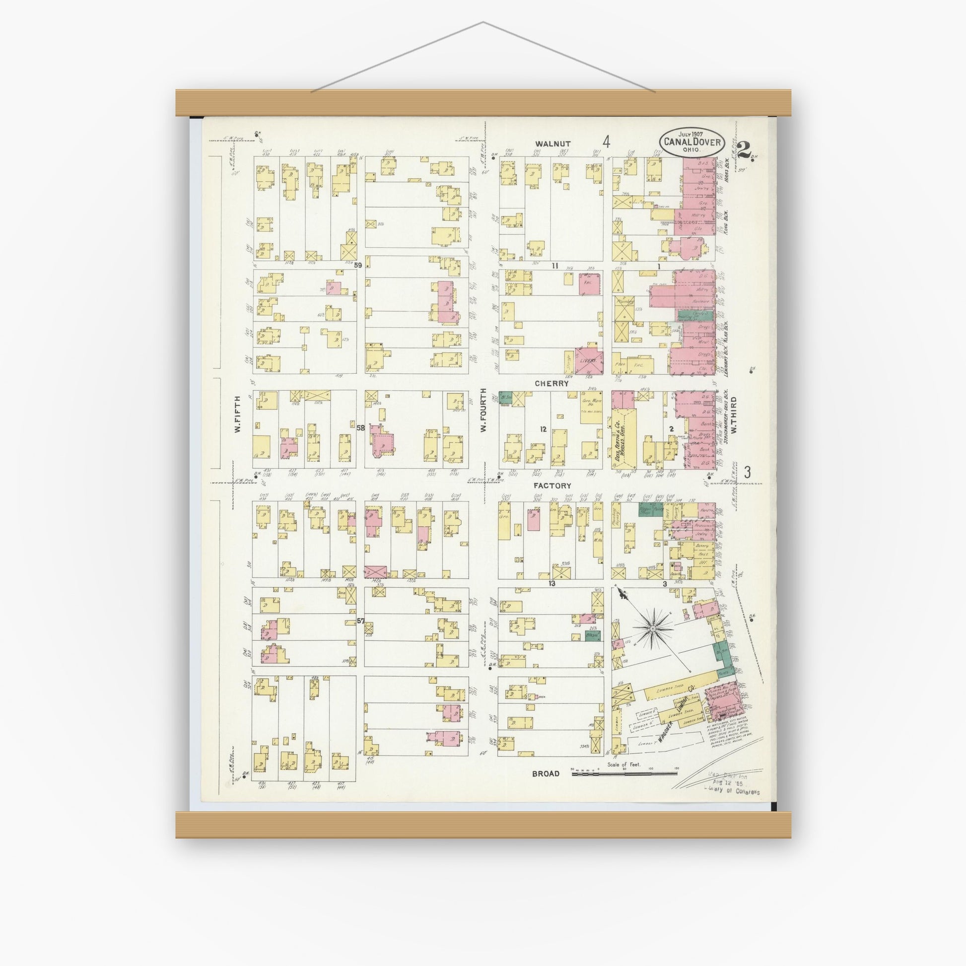 Old map wall art mockup — magnetic wood frame on white wall — Sanborn Fire Insurance Map from Canal Dover, Tuscarawas County, Ohio (1907), Sheet #0002