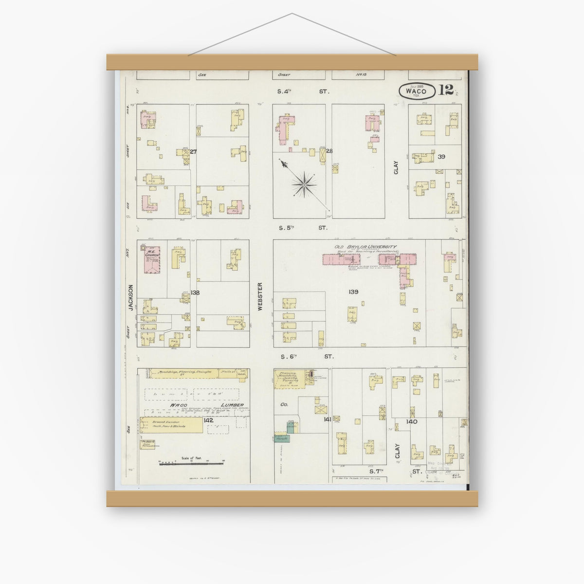 Old map wall art mockup — magnetic wood frame on white wall — Sanborn Fire Insurance Map from Waco, McLennan County, Texas (1889), Sheet #0012