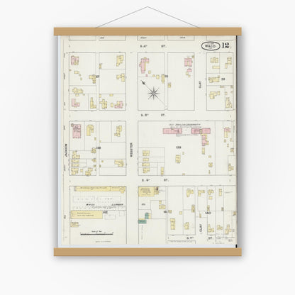 Old map wall art mockup — magnetic wood frame on white wall — Sanborn Fire Insurance Map from Waco, McLennan County, Texas (1889), Sheet #0012