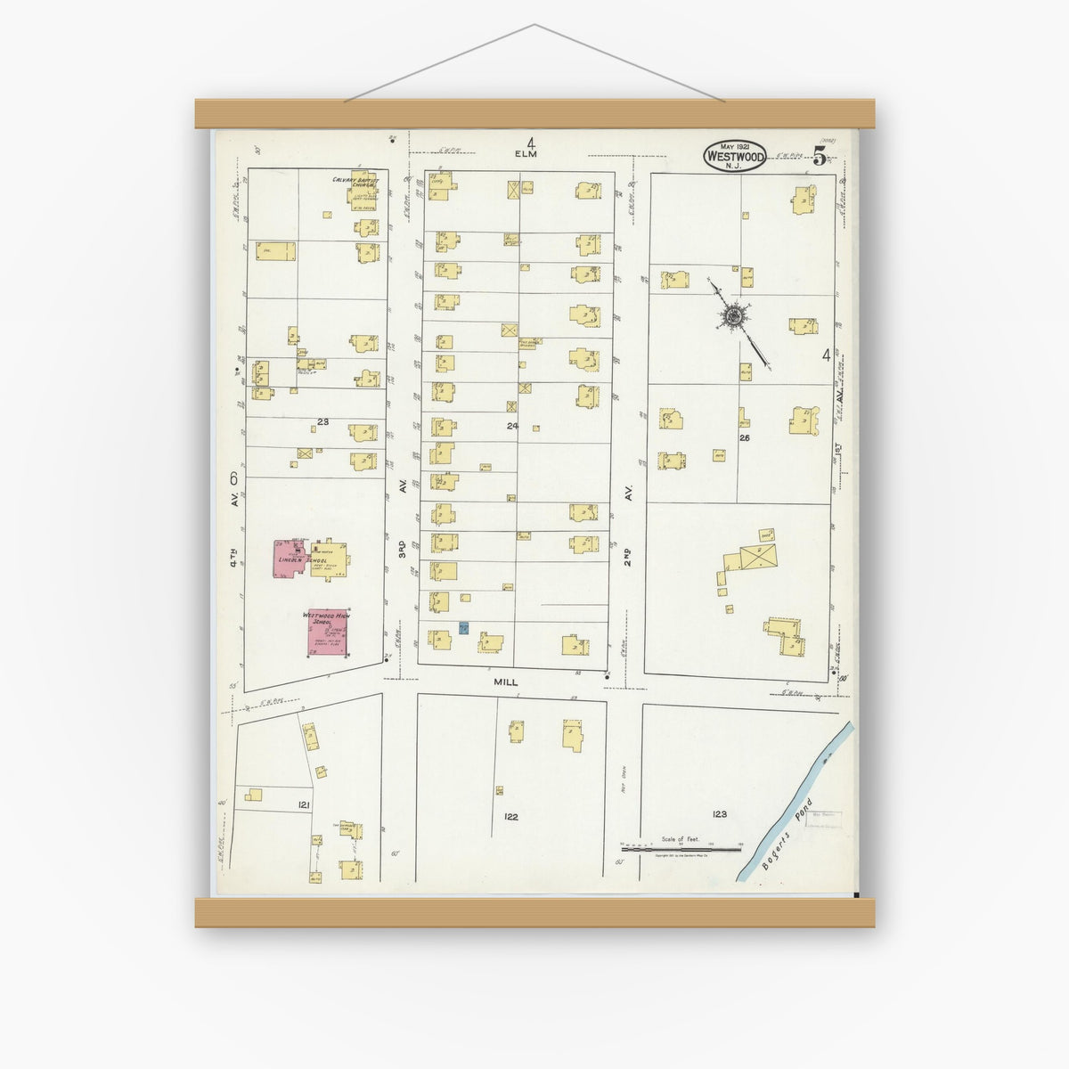 Old map wall art mockup — magnetic wood frame on white wall — Sanborn Fire Insurance Map from Westwood, Bergen County, New Jersey (1921), Sheet #0005