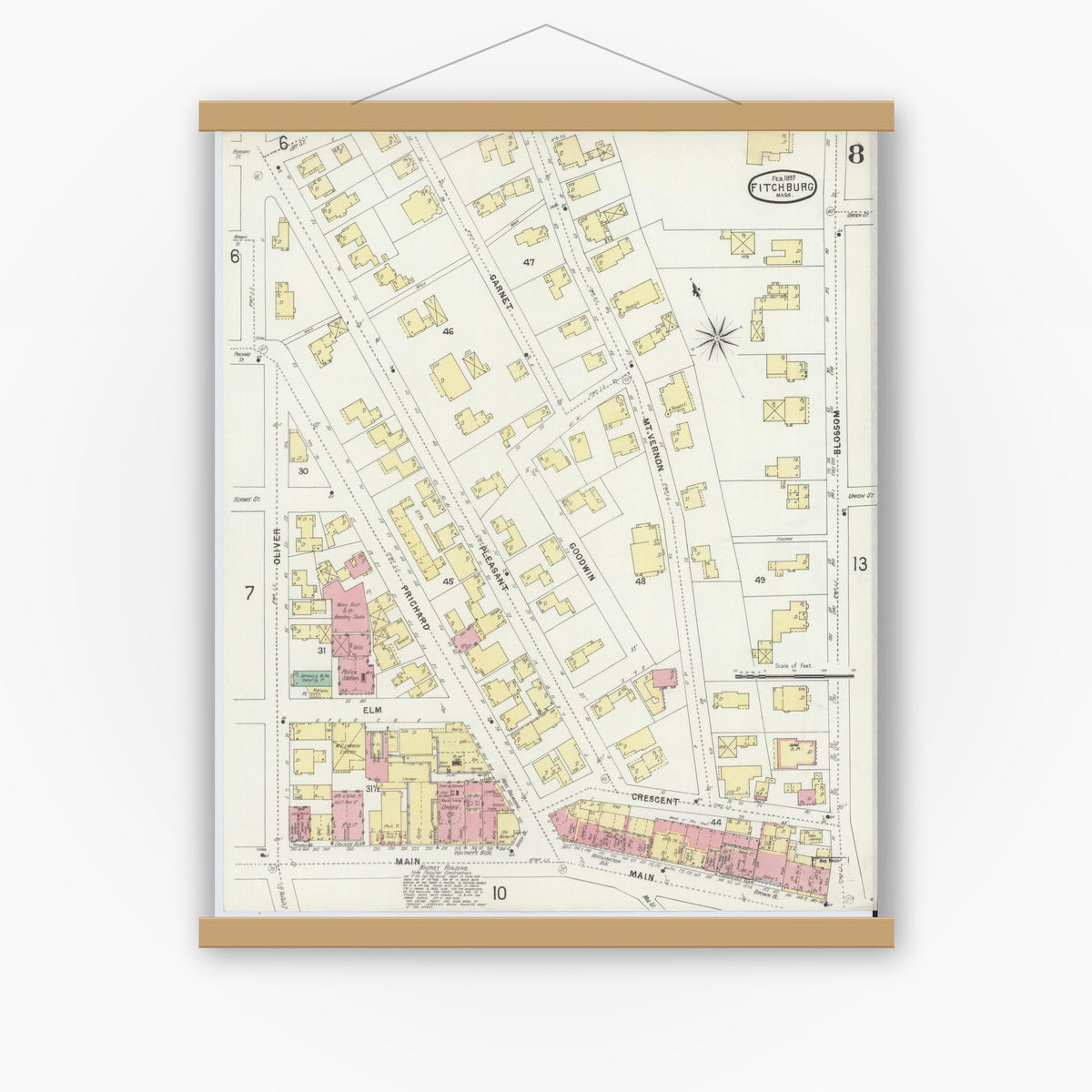 Old map wall art mockup — magnetic wood frame on white wall — Sanborn Fire Insurance Map from Fitchburg, Worcester County, Massachusetts (1897), Sheet #0008