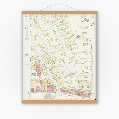 Old map wall art mockup — magnetic wood frame on white wall — Sanborn Fire Insurance Map from Fitchburg, Worcester County, Massachusetts (1897), Sheet #0008