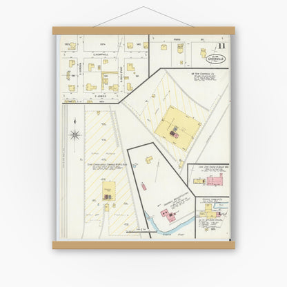 Old map wall art mockup — magnetic wood frame on white wall — Sanborn Fire Insurance Map from Greenville, Hunt County, Texas (1898), Sheet #0011