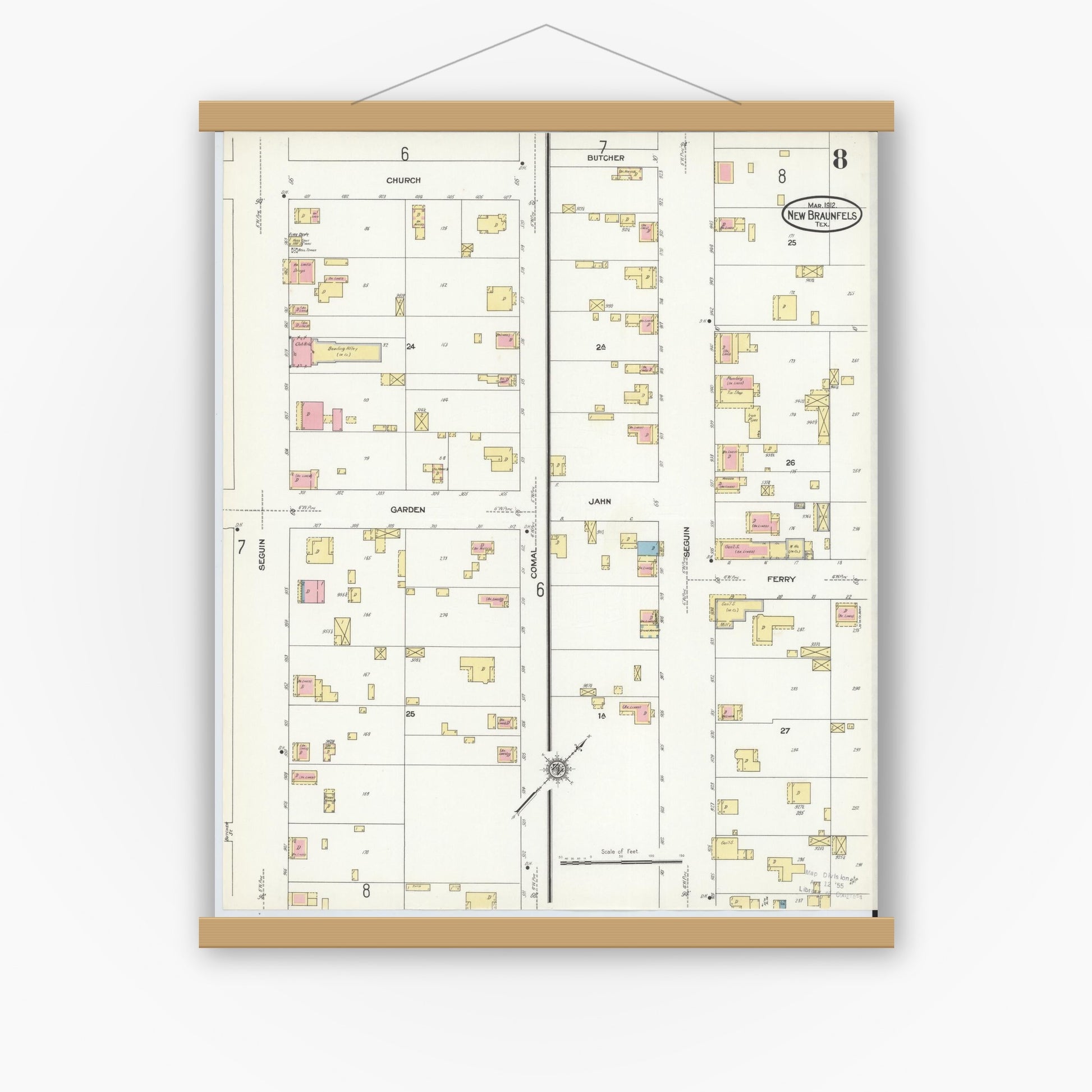 Old map wall art mockup — magnetic wood frame on white wall — Sanborn Fire Insurance Map from New Braunfels, Comal County, Texas (1912), Sheet #0008