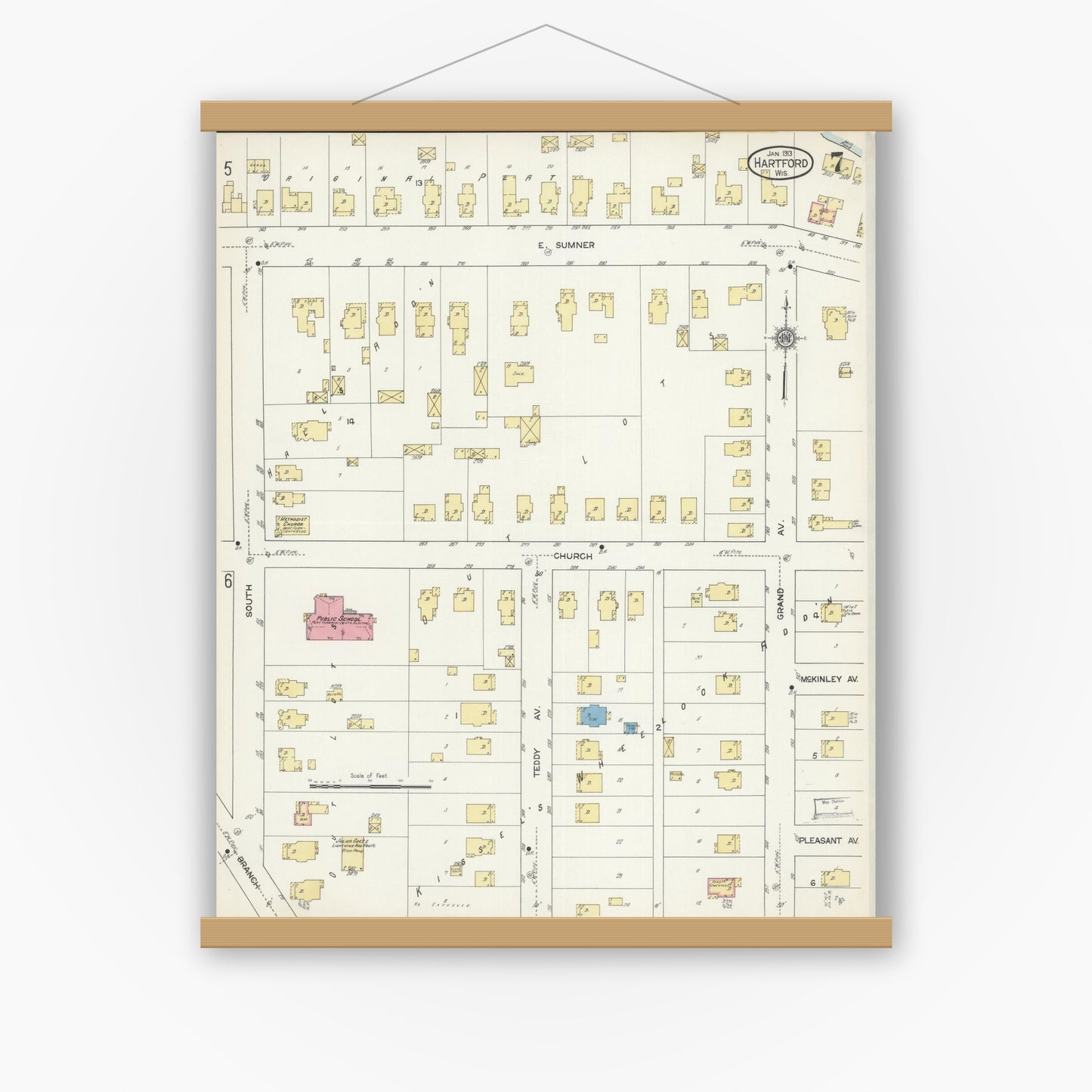 Old map wall art mockup — magnetic wood frame on white wall — Sanborn Fire Insurance Map from Hartford, Washington County, Wisconsin (1913), Sheet #0007