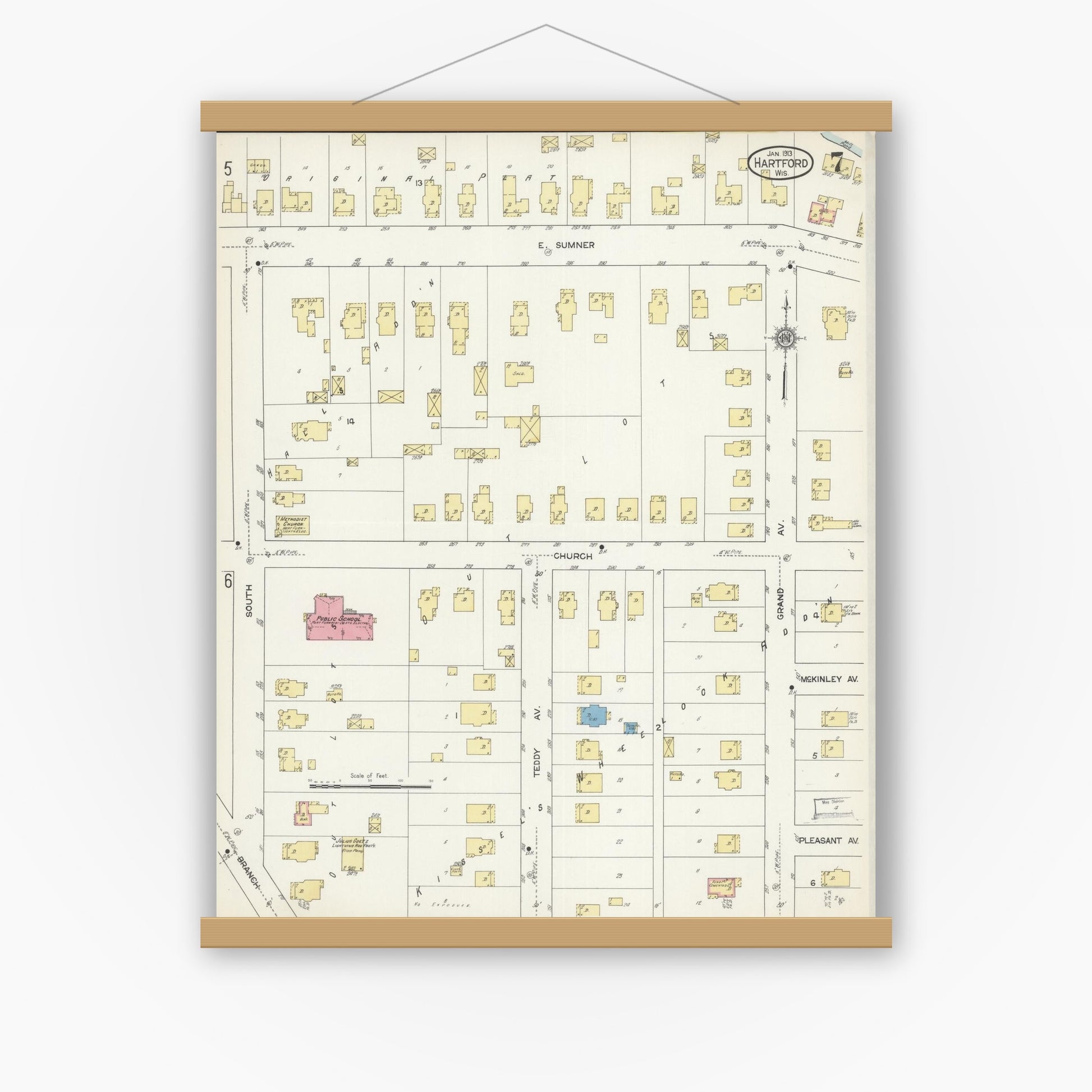 Old map wall art mockup — magnetic wood frame on white wall — Sanborn Fire Insurance Map from Hartford, Washington County, Wisconsin (1913), Sheet #0007