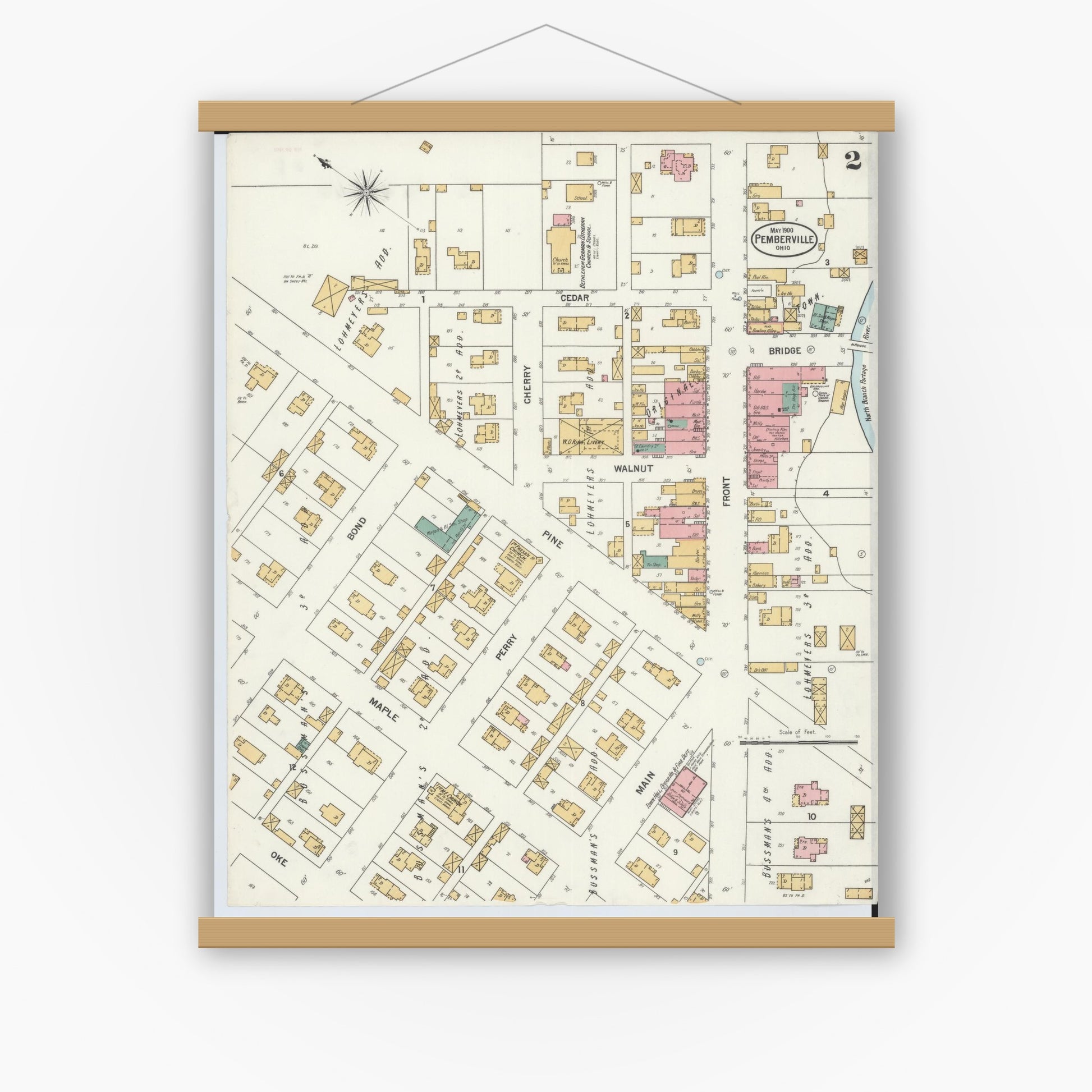 Old map wall art mockup — magnetic wood frame on white wall — Sanborn Fire Insurance Map from Pemberville, Wood County, Ohio (1900), Sheet #0002