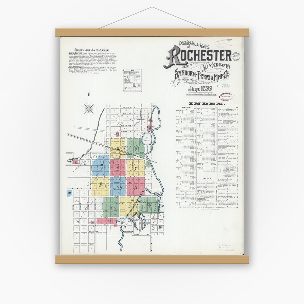 Old map wall art mockup — magnetic wood frame on white wall — Sanborn Fire Insurance Map from Rochester, Olmsted County, Minnesota (1899), Sheet #0001
