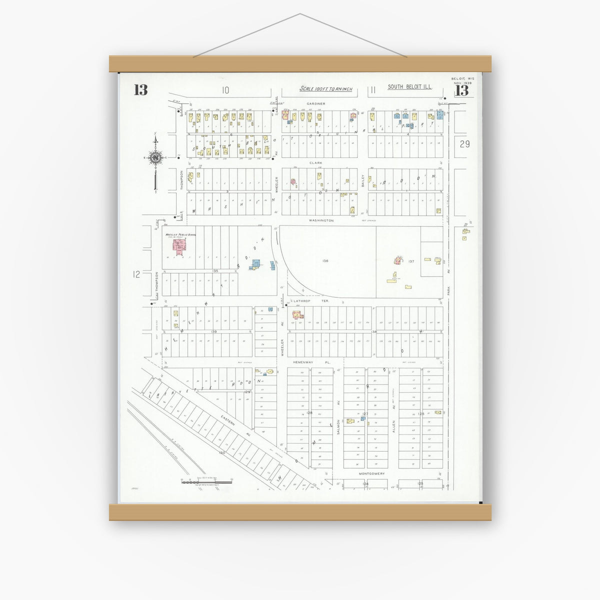 Old map wall art mockup — magnetic wood frame on white wall — Sanborn Fire Insurance Map from Beloit, Rock County, Wisconsin (1939), Sheet #0013