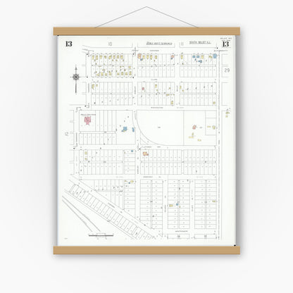 Old map wall art mockup — magnetic wood frame on white wall — Sanborn Fire Insurance Map from Beloit, Rock County, Wisconsin (1939), Sheet #0013