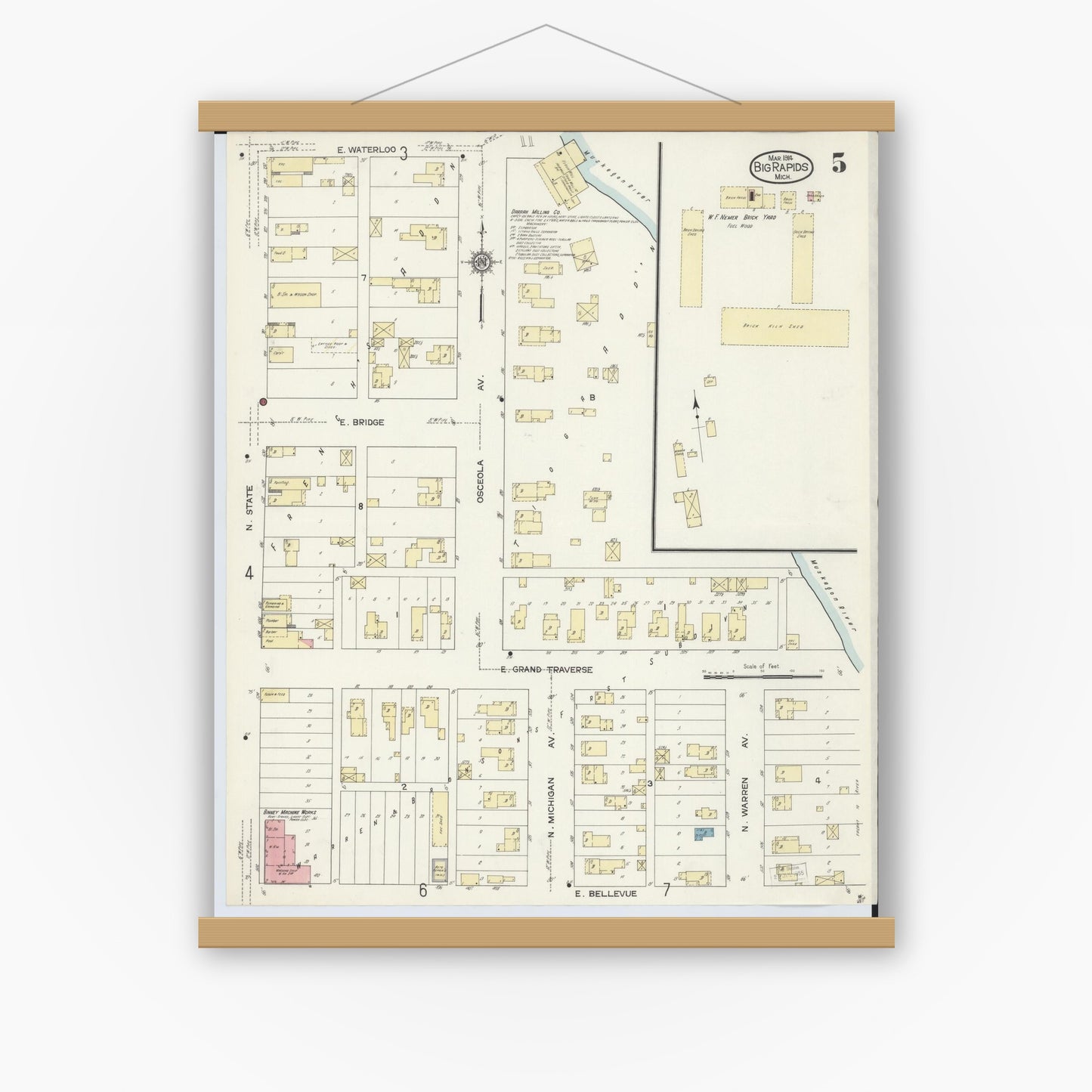 Old map wall art mockup — magnetic wood frame on white wall — Sanborn Fire Insurance Map from Big Rapids, Mecosta County, Michigan (1914), Sheet #0005