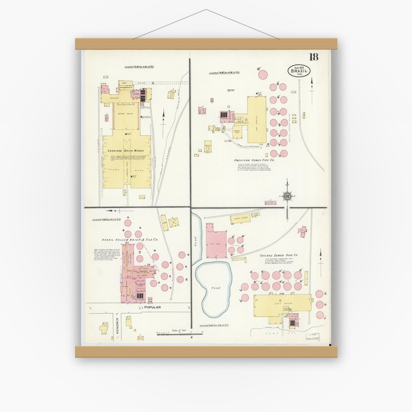 Old map wall art mockup — magnetic wood frame on white wall — Sanborn Fire Insurance Map from Brazil, Clay County, Indiana (1910), Sheet #0018