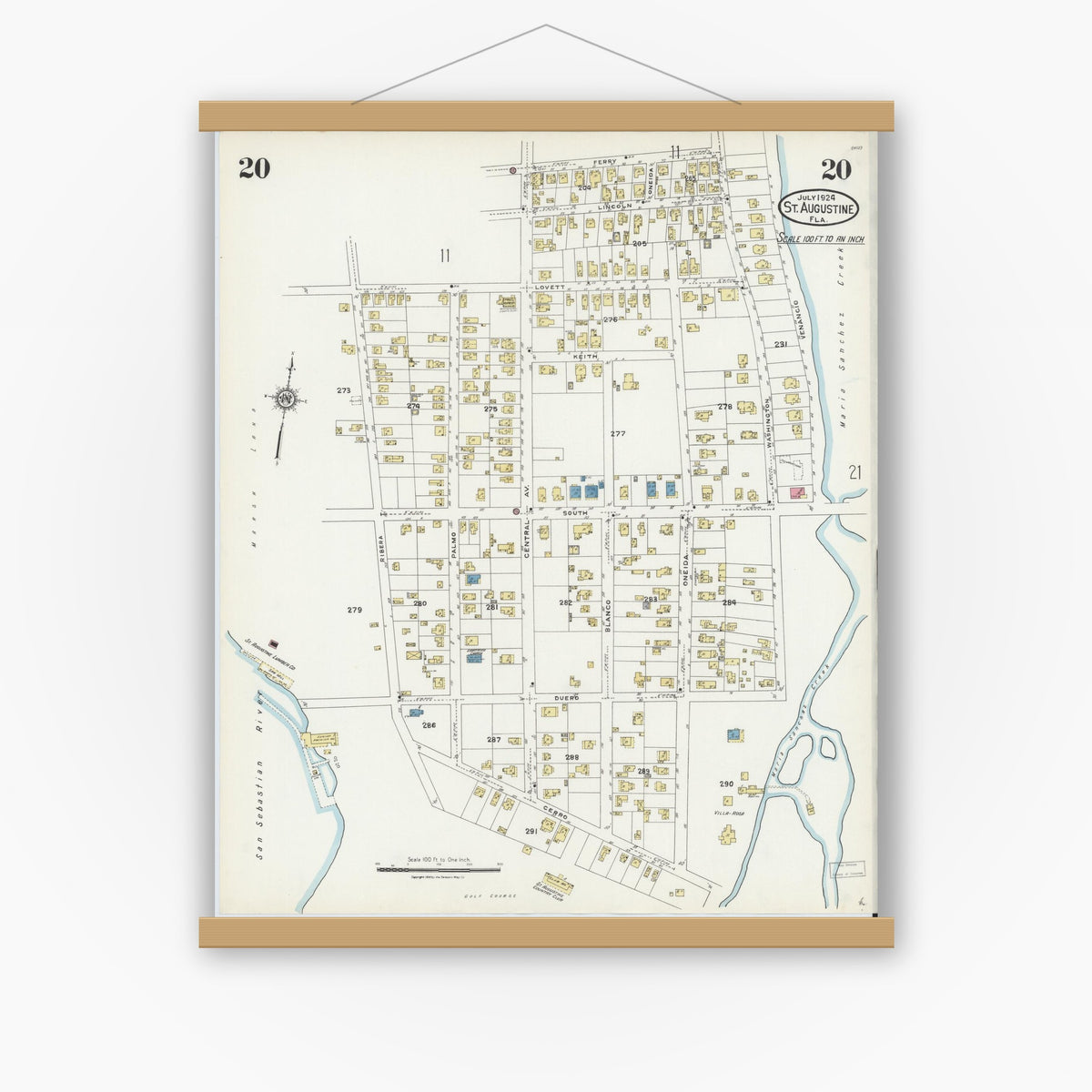 Old map wall art mockup — magnetic wood frame on white wall — Sanborn Fire Insurance Map from Saint Augustine, Saint John's County, Florida (1924), Sheet #0020