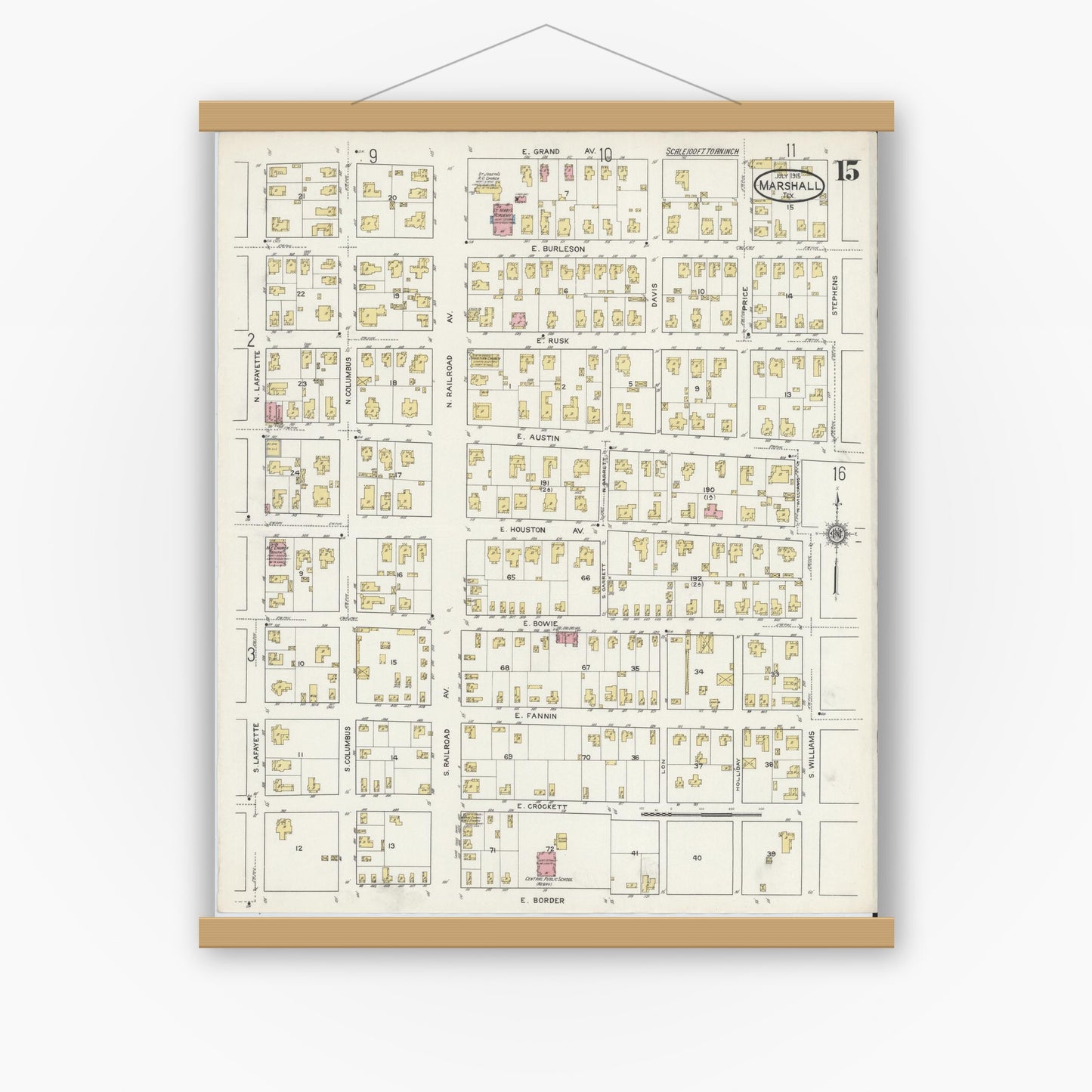 Old map wall art mockup — magnetic wood frame on white wall — Sanborn Fire Insurance Map from Marshall, Harrison County, Texas (1915), Sheet #0015
