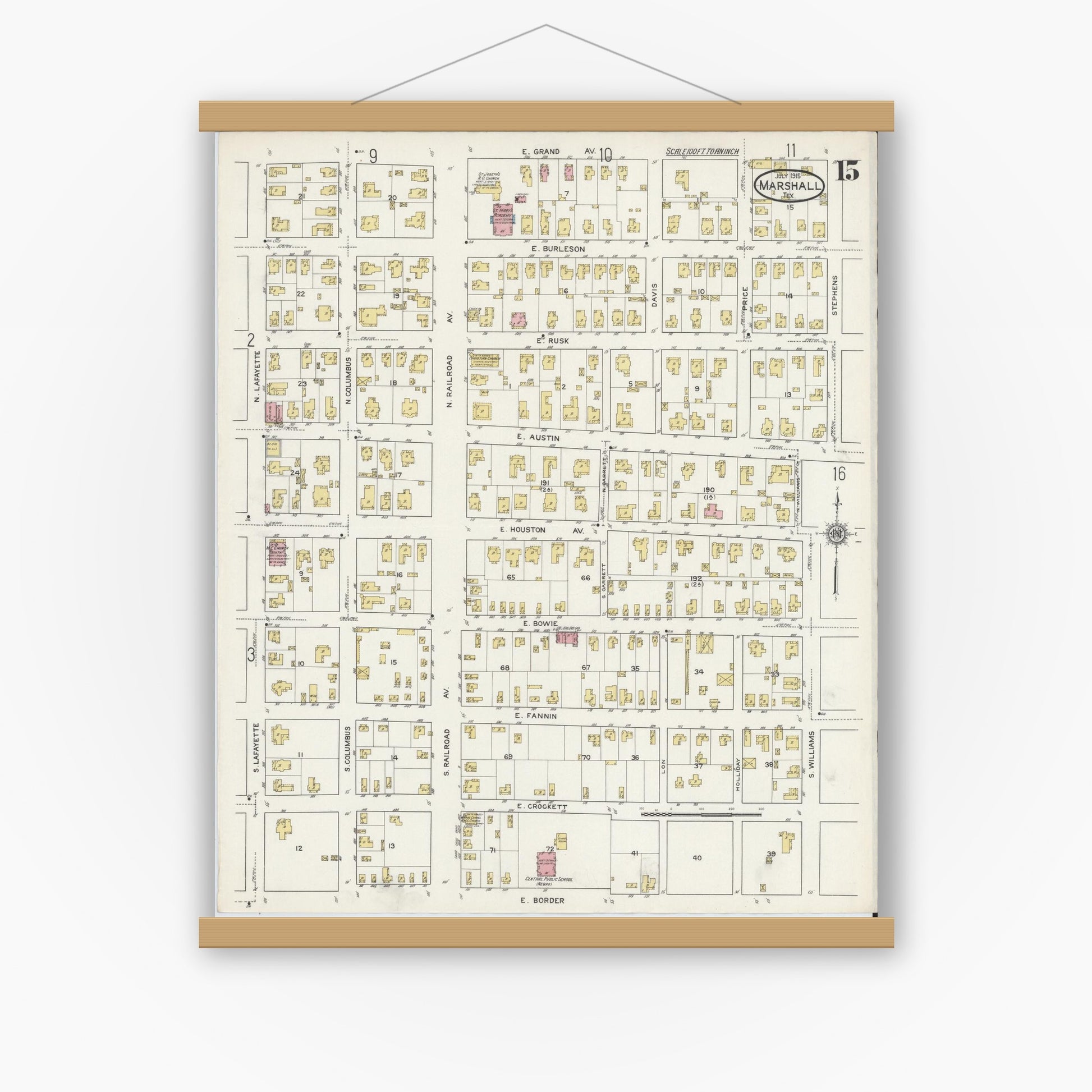 Old map wall art mockup — magnetic wood frame on white wall — Sanborn Fire Insurance Map from Marshall, Harrison County, Texas (1915), Sheet #0015