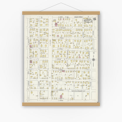 Old map wall art mockup — magnetic wood frame on white wall — Sanborn Fire Insurance Map from Marshall, Harrison County, Texas (1915), Sheet #0015