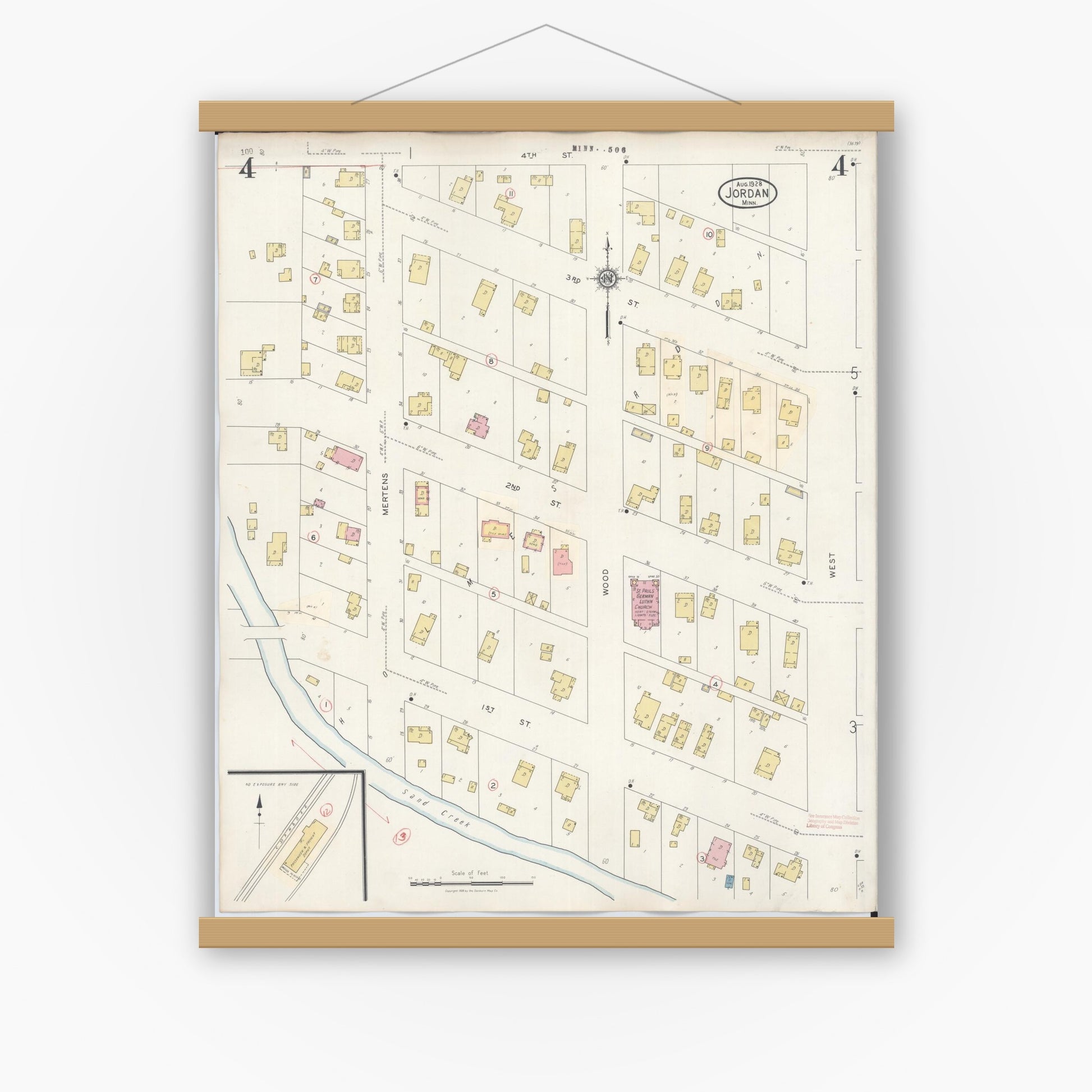 Old map wall art mockup — magnetic wood frame on white wall — Sanborn Fire Insurance Map from Jordan, Scott County, Minnesota (1933), Sheet #0004