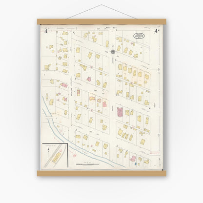Old map wall art mockup — magnetic wood frame on white wall — Sanborn Fire Insurance Map from Jordan, Scott County, Minnesota (1933), Sheet #0004