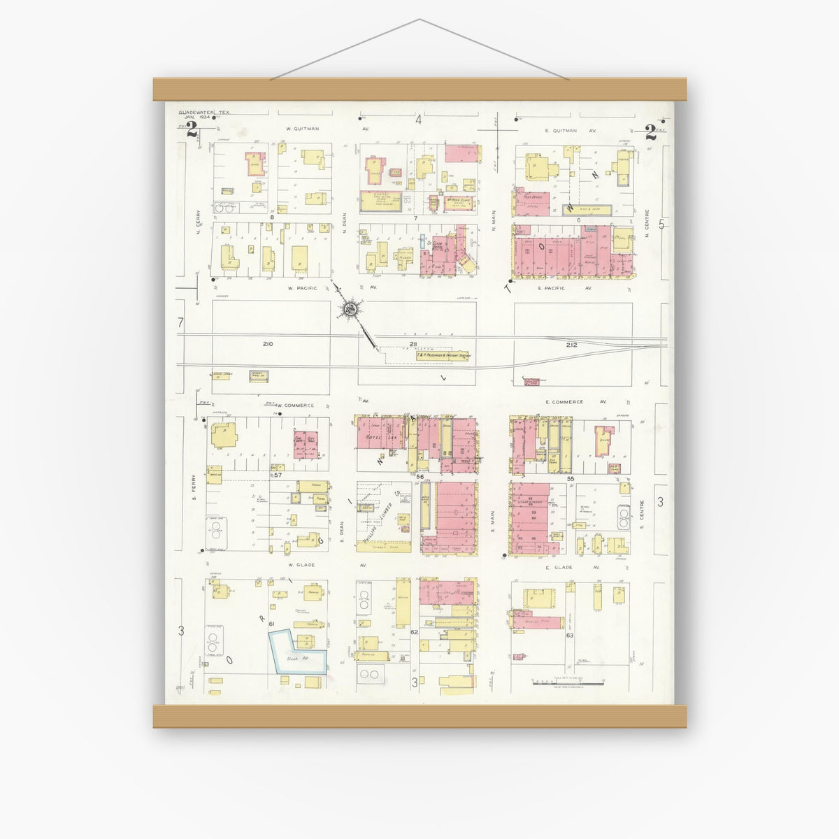 Old map wall art mockup — magnetic wood frame on white wall — Sanborn Fire Insurance Map from Gladewater, Gregg County, Texas (1934), Sheet #0002