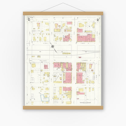 Old map wall art mockup — magnetic wood frame on white wall — Sanborn Fire Insurance Map from Gladewater, Gregg County, Texas (1934), Sheet #0002