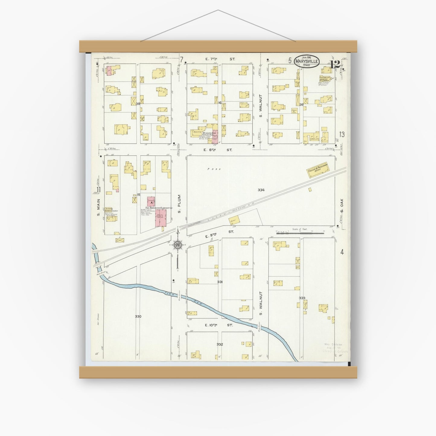 Old map wall art mockup — magnetic wood frame on white wall — Sanborn Fire Insurance Map from Marysville, Union County, Ohio (1916), Sheet #0012
