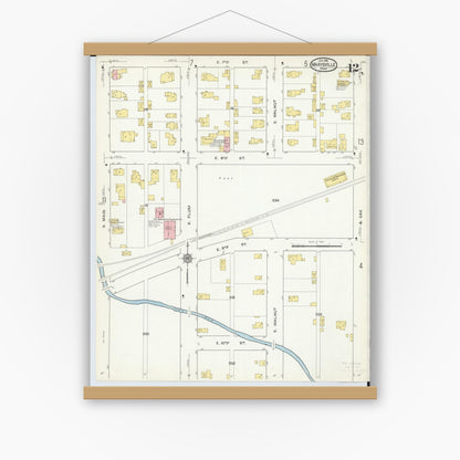 Old map wall art mockup — magnetic wood frame on white wall — Sanborn Fire Insurance Map from Marysville, Union County, Ohio (1916), Sheet #0012
