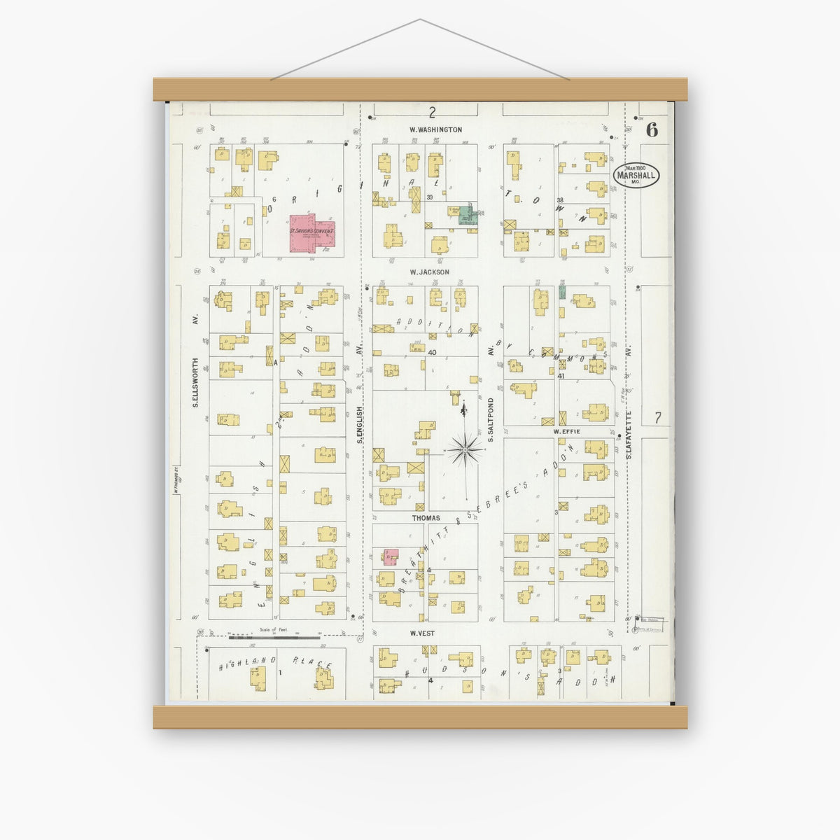 Old map wall art mockup — magnetic wood frame on white wall — Sanborn Fire Insurance Map from Marshall, Saline County, Missouri (1900), Sheet #0006