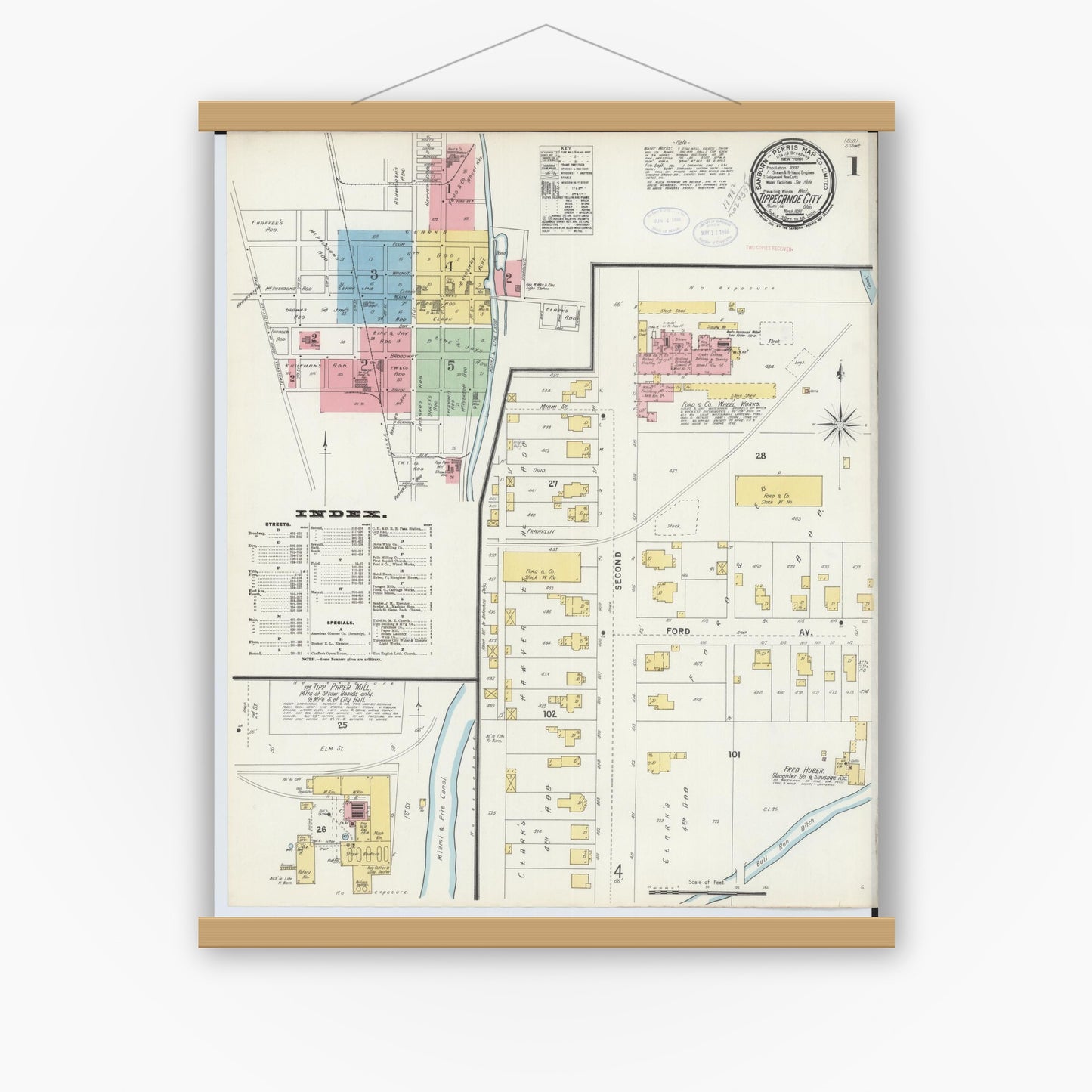 Old map wall art mockup — magnetic wood frame on white wall — Sanborn Fire Insurance Map from Tipp City, Miami County, Ohio (1898), Sheet #0001
