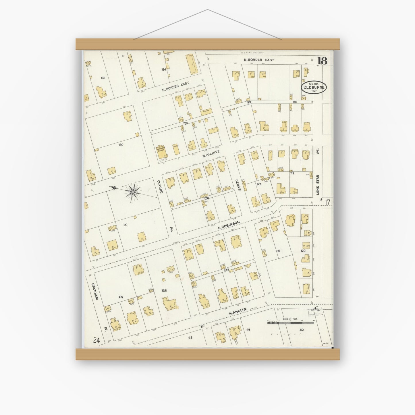 Old map wall art mockup — magnetic wood frame on white wall — Sanborn Fire Insurance Map from Cleburne, Johnson County, Texas (1904), Sheet #0018