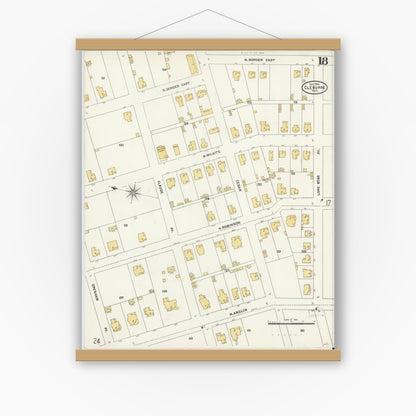 Old map wall art mockup — magnetic wood frame on white wall — Sanborn Fire Insurance Map from Cleburne, Johnson County, Texas (1904), Sheet #0018