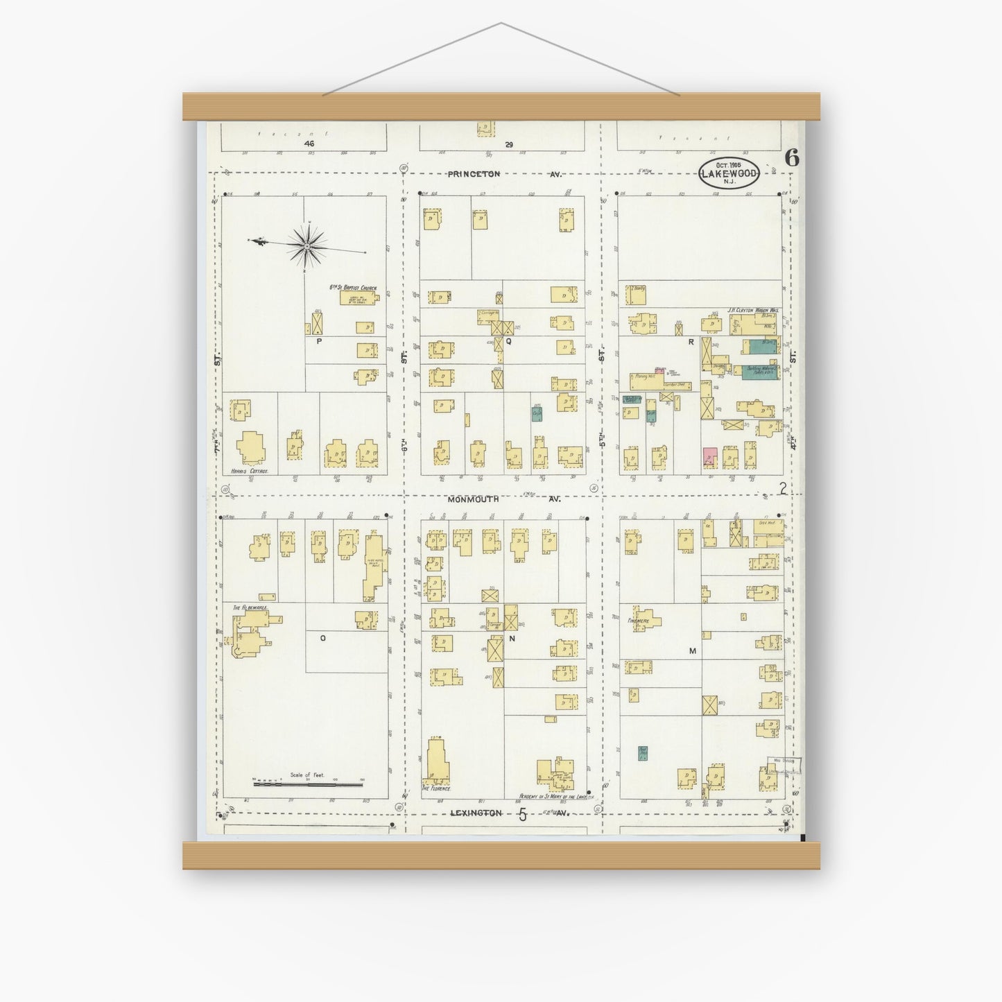 Old map wall art mockup — magnetic wood frame on white wall — Sanborn Fire Insurance Map from Lakewood, Ocean County, New Jersey (1905), Sheet #0006