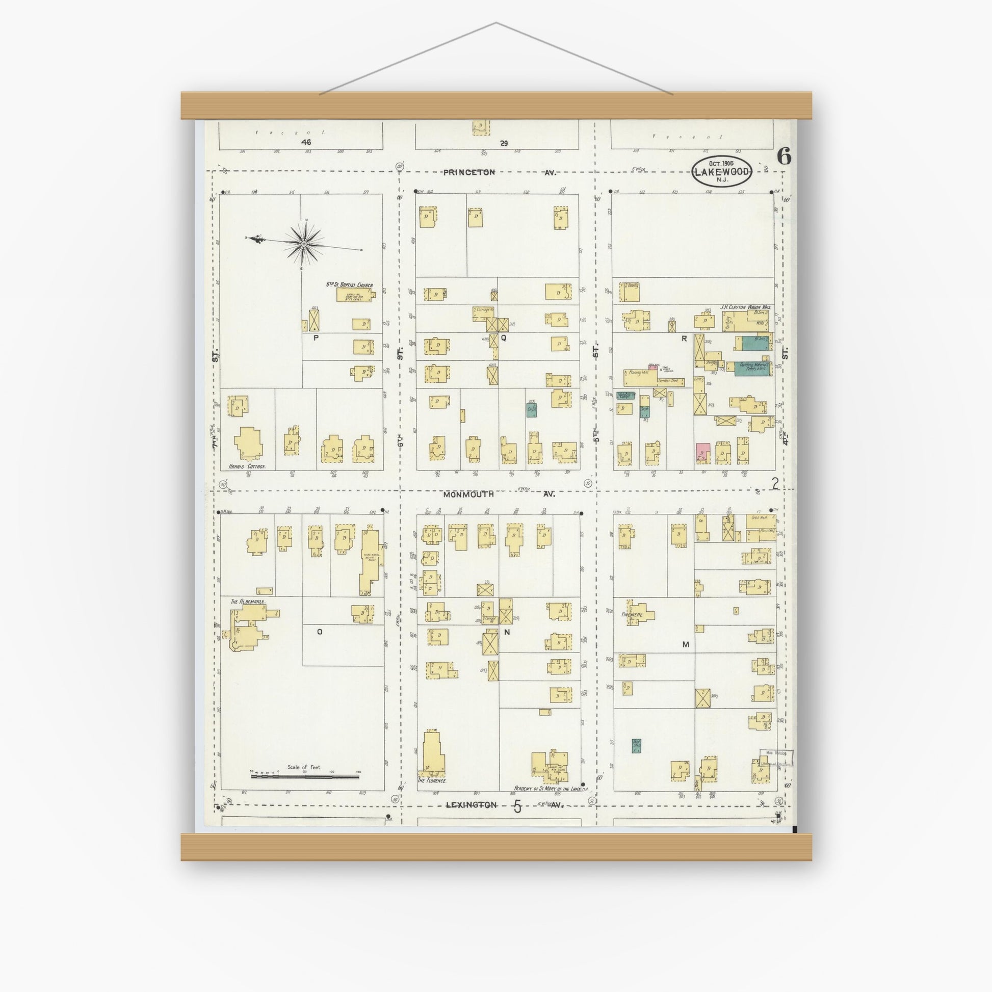 Old map wall art mockup — magnetic wood frame on white wall — Sanborn Fire Insurance Map from Lakewood, Ocean County, New Jersey (1905), Sheet #0006