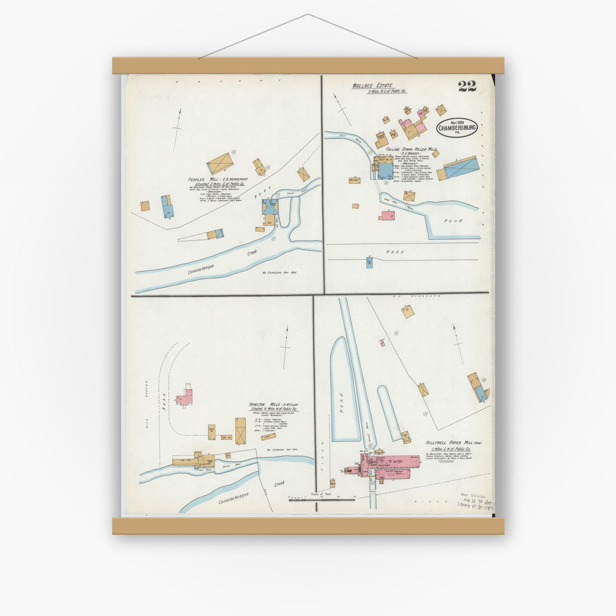 Old map wall art mockup — magnetic wood frame on white wall — Sanborn Fire Insurance Map from Chambersburg, Franklin County, Pennsylvania (1899), Sheet #0022