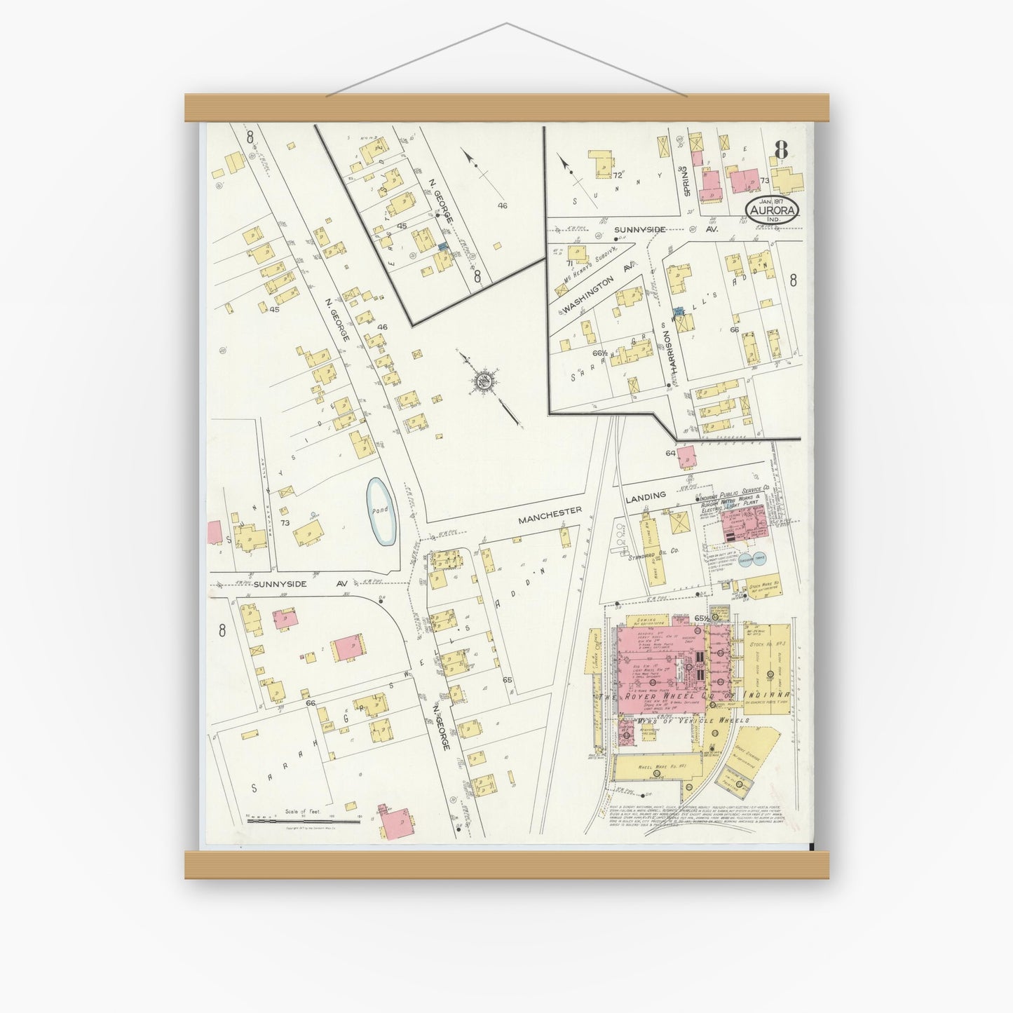 Old map wall art mockup — magnetic wood frame on white wall — Sanborn Fire Insurance Map from Aurora, Dearborn County, Indiana (1917), Sheet #0008