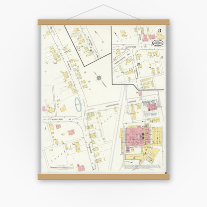 Old map wall art mockup — magnetic wood frame on white wall — Sanborn Fire Insurance Map from Aurora, Dearborn County, Indiana (1917), Sheet #0008
