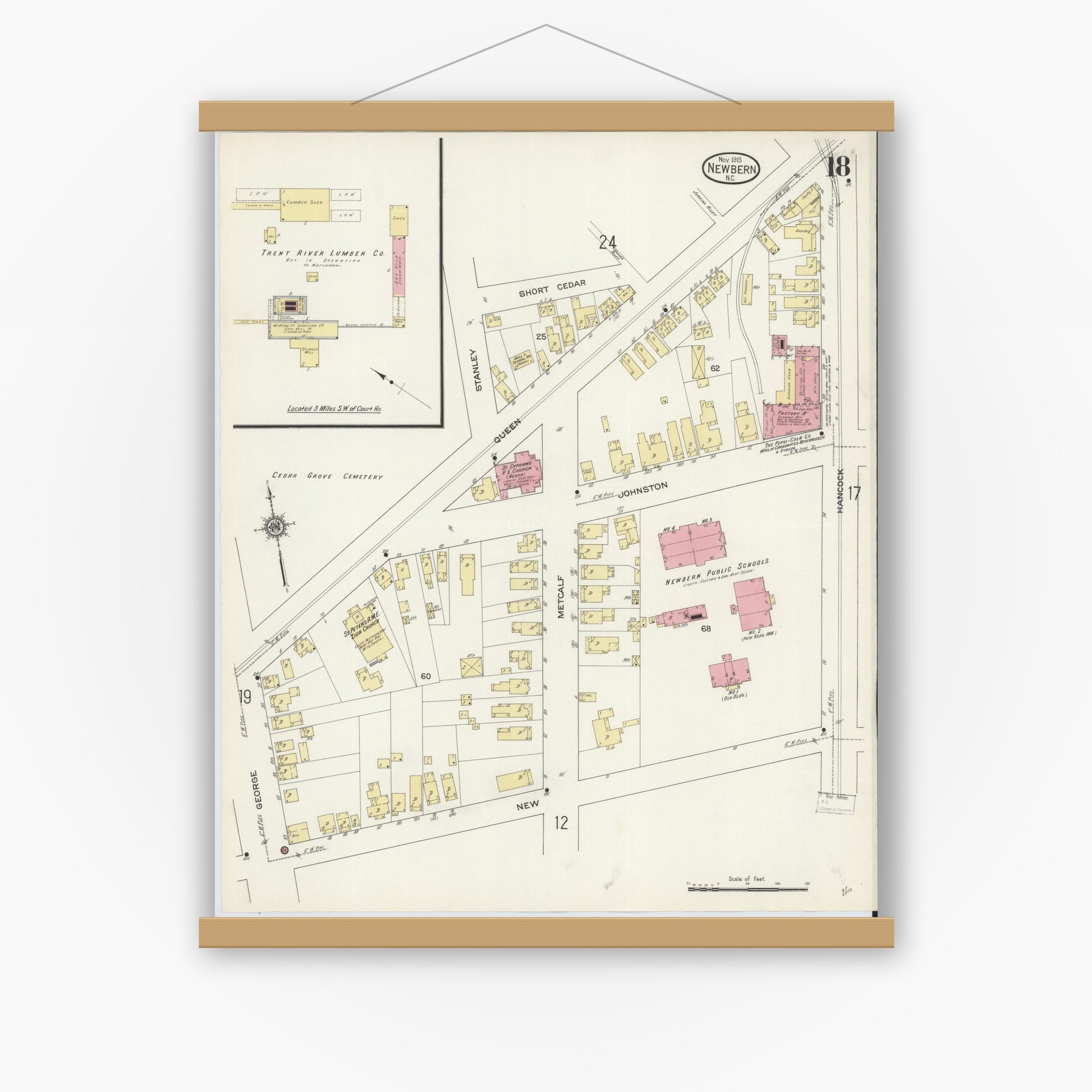 Old map wall art mockup — magnetic wood frame on white wall — Sanborn Fire Insurance Map from New Bern, Craven County, North Carolina (1913), Sheet #0018