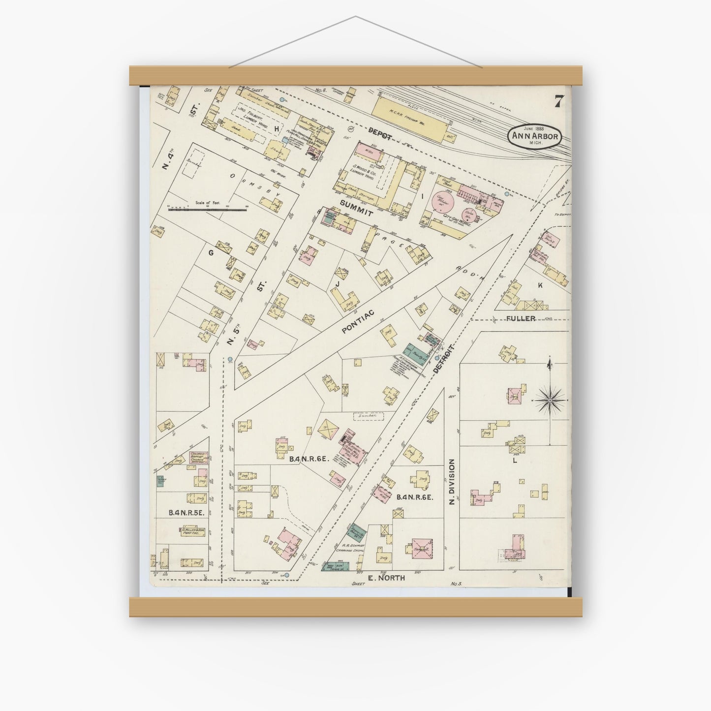 Old map wall art mockup — magnetic wood frame on white wall — Sanborn Fire Insurance Map from Ann Arbor, Washtenaw County, Michigan (1888), Sheet #0007