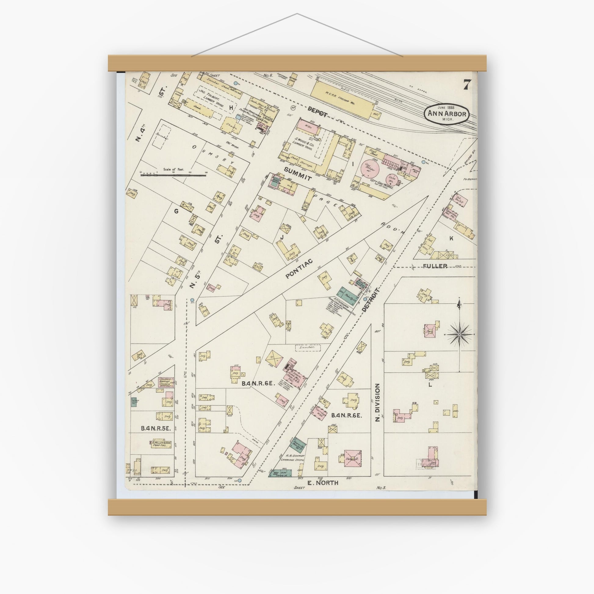 Old map wall art mockup — magnetic wood frame on white wall — Sanborn Fire Insurance Map from Ann Arbor, Washtenaw County, Michigan (1888), Sheet #0007