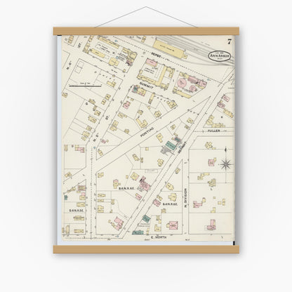 Old map wall art mockup — magnetic wood frame on white wall — Sanborn Fire Insurance Map from Ann Arbor, Washtenaw County, Michigan (1888), Sheet #0007