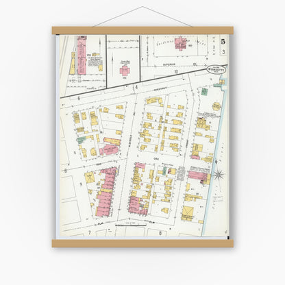 Old map wall art mockup — magnetic wood frame on white wall — Sanborn Fire Insurance Map from Wyandotte, Wayne County, Michigan (1900), Sheet #0005