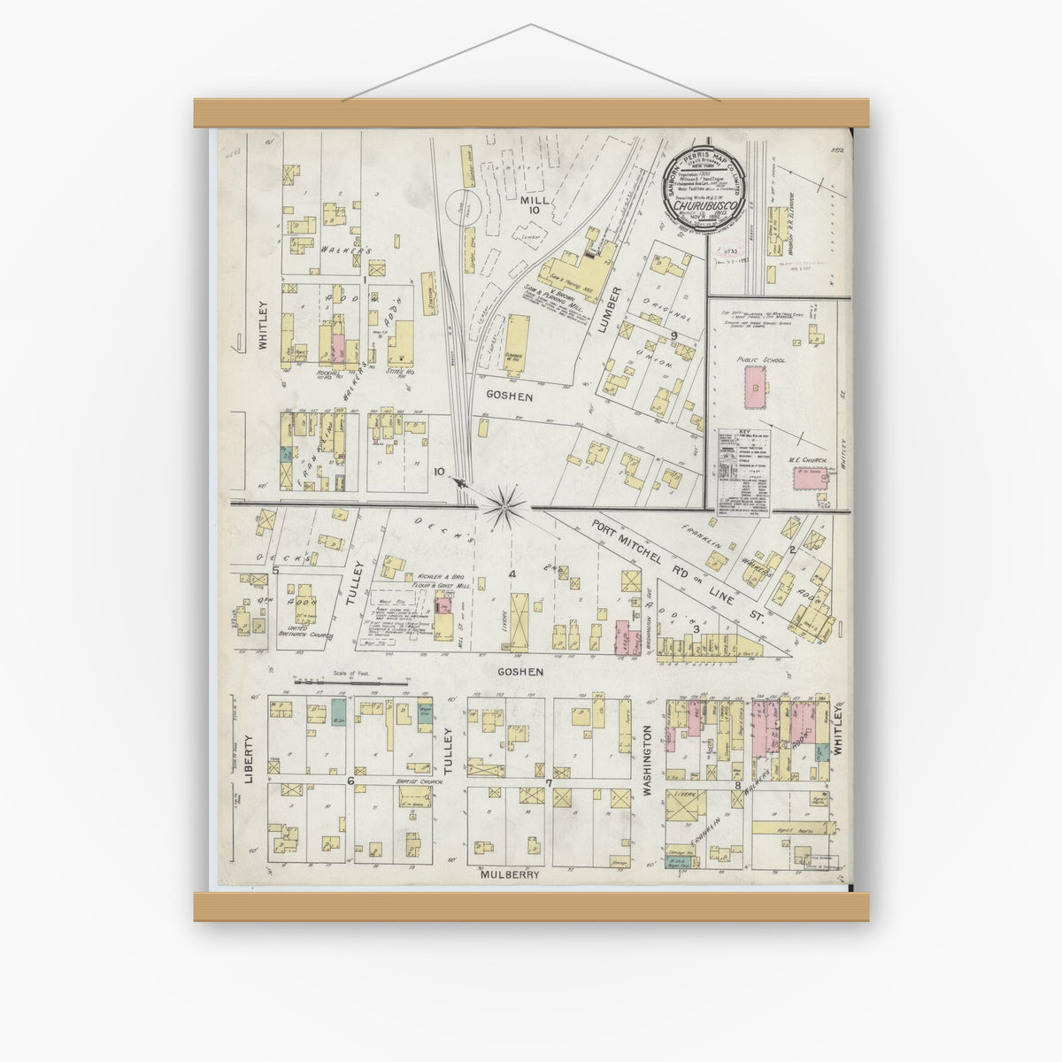 Old map wall art mockup — magnetic wood frame on white wall — Sanborn Fire Insurance Map from Churubusco, Whitley County, Indiana (1892), Sheet #0001