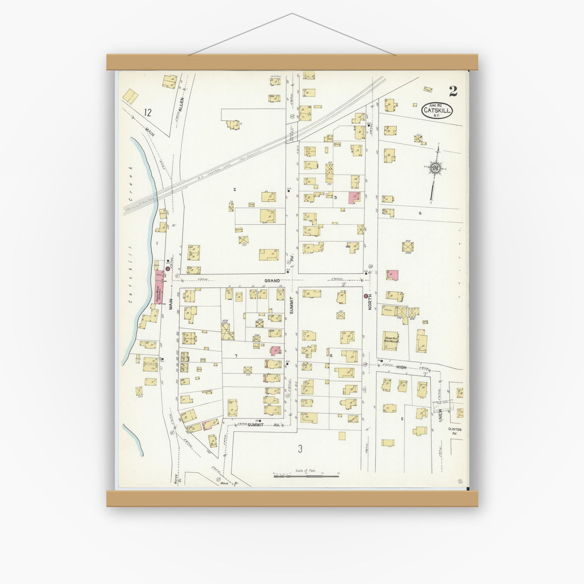 Old map wall art mockup — magnetic wood frame on white wall — Sanborn Fire Insurance Map from Catskill, Greene County, New York (1912), Sheet #0002