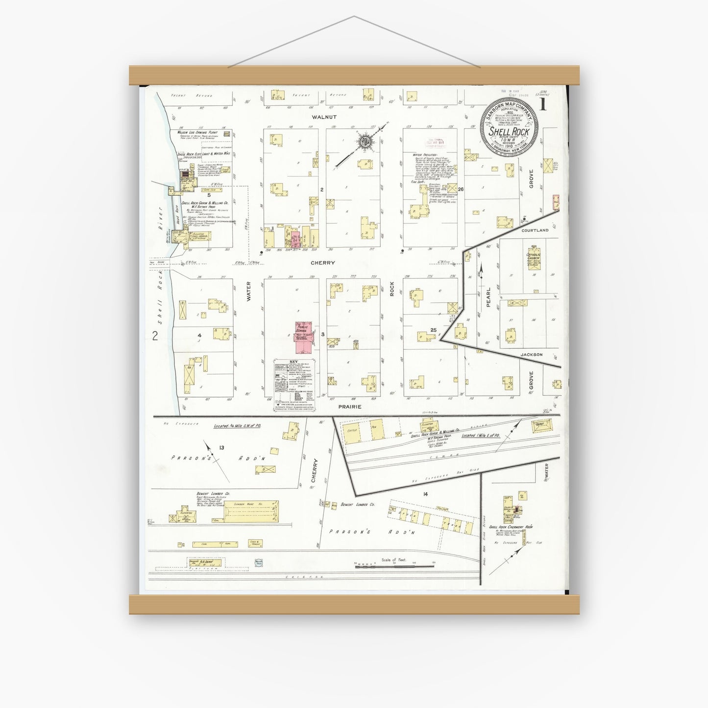 Old map wall art mockup — magnetic wood frame on white wall — Sanborn Fire Insurance Map from Shell Rock, Butler County, Iowa (1910), Sheet #0001