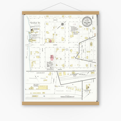 Old map wall art mockup — magnetic wood frame on white wall — Sanborn Fire Insurance Map from Shell Rock, Butler County, Iowa (1910), Sheet #0001